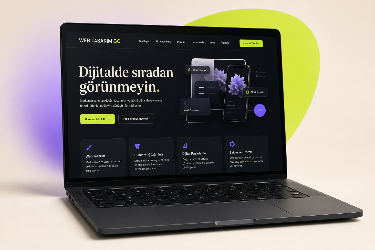 Profesyonel Türkçe web tasarım örneğini gösteren modern laptop bilgisayar